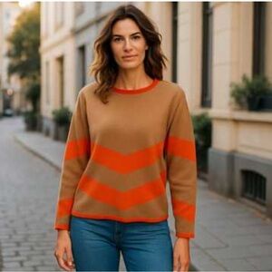 Week& Tan and Orange Crew Neck Sweater‎ with Knit Texture Size Medium